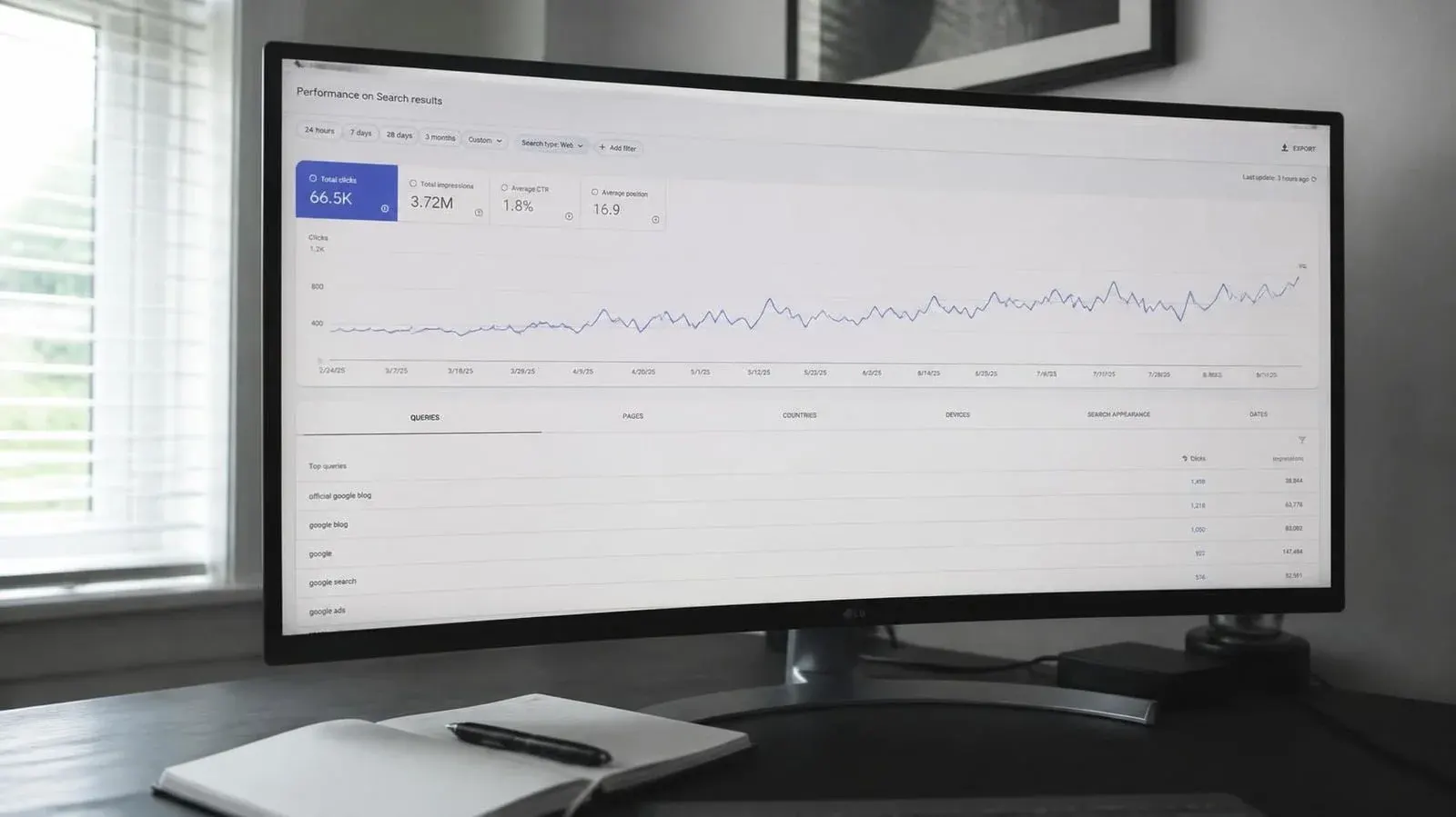 Search performance dashboard showing organic traffic