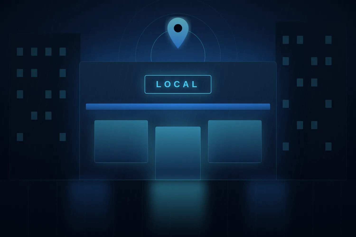 Night-time shopfront lit in cyan with a map pin above it, representing local search results in Chennai